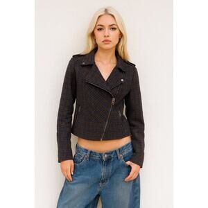 L.A.M.B. Gwen Stefani Dark Plaid Asymmetrical Zip Jacket Size 0 Cropped LAMB